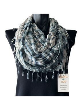 Rising Tide Blue and White Tie Dye Fringed Boho Infinity Scarf NEW
